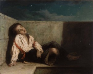 A boy sleeping on the London bridge